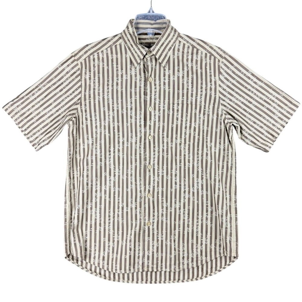 Tommy Bahama Mens Small Brown Beige Striped Silk Cotton Floral Shirt Summer Camp
